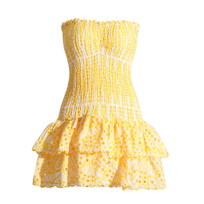 Sexy Chest-wrapped hollow-out embroidered cotton stretch plastic waist ruffled vacation jumpsuit skirt