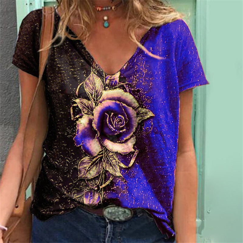  Summer European and American Cross-Border New Women's Independent Station 3D Romantic Plum Blossom Print T-Shirt