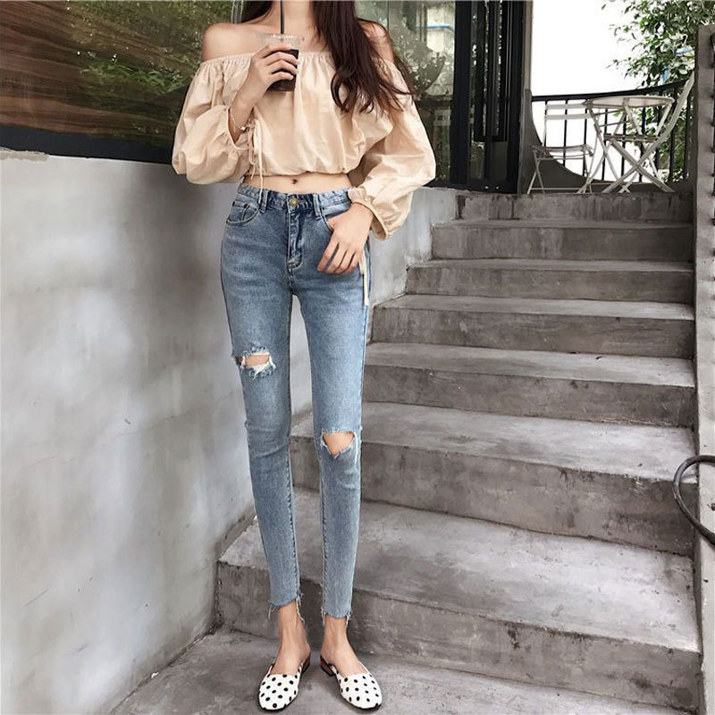 Ripped Jeans Women's New Korean-style Slim-fit Ankle-length Pants Tight Elastic Burr-edge Pencil Pants for Children