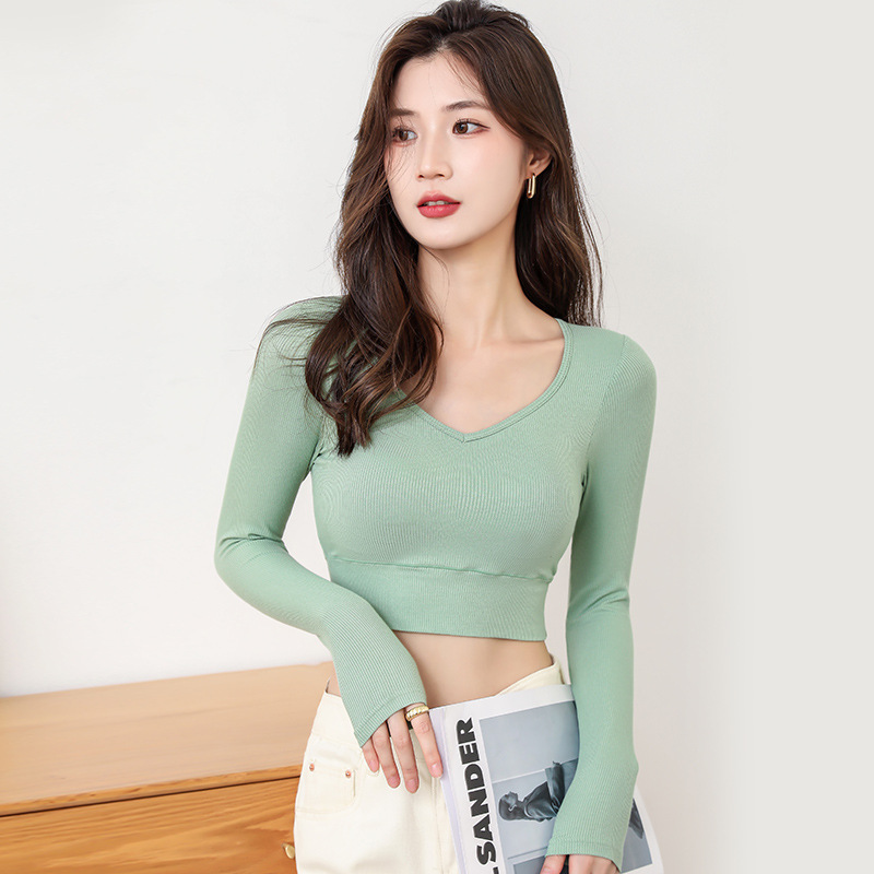 Navel-exposed Long-sleeved T-shirt Women's Bra with Chest Pad One-piece Navel-exposed V-neck Underwear High Waist Base Shirt Autumn New
