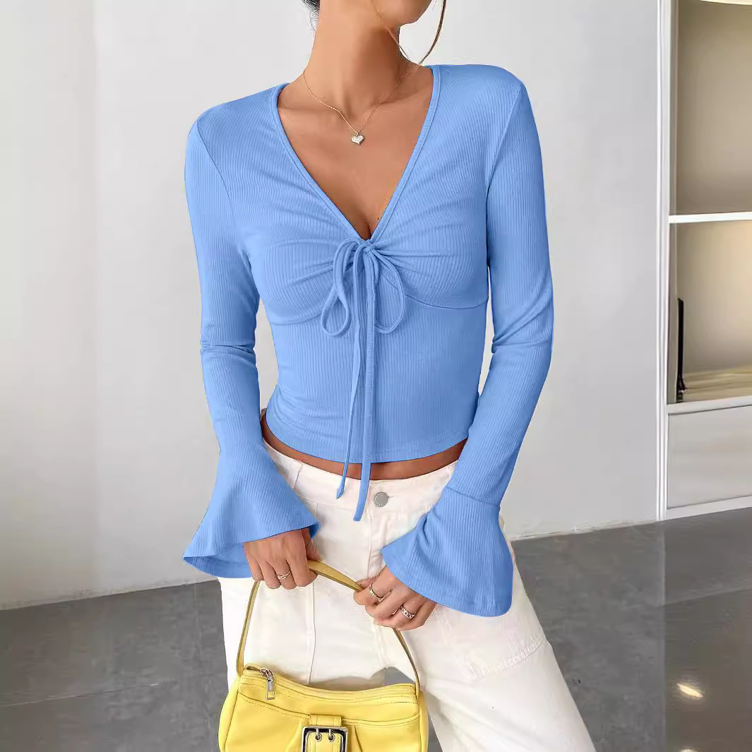 2024 Women's Autumn and Winter in stock Crossing into Amazon AliExpress Independent Station Urban Women's Horn Sleeve V-Neck Self-Buckle