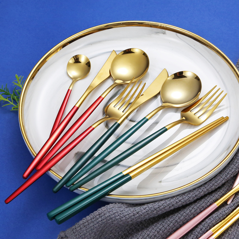 Portugal 304 stainless steel knife, fork and spoon chopsticks Internet celebrity Green Gold Fork chopsticks Western steak knife and fork dessert tableware
