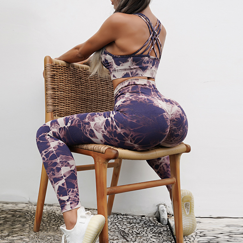 European and American Tie-Dye Bra Pants Sportswear Women's Suit Yoga Suit Fitness Suit High Waist Elastic Tight Yoga Pants