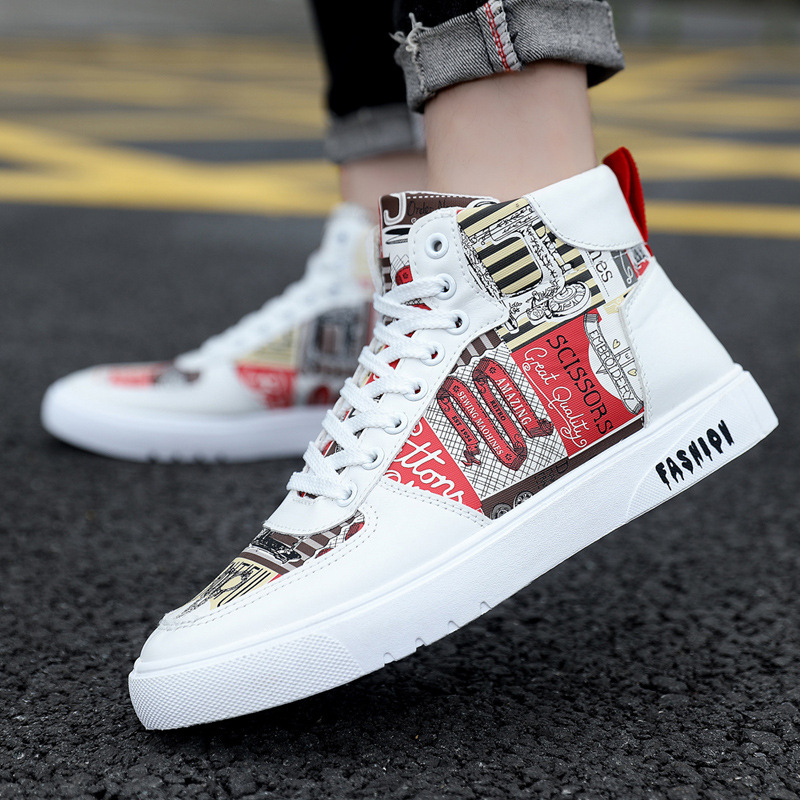 2024 autumn new trendy men's shoes personalized graffiti high-top men's shoes casual Four Seasons student sports board shoes men's fashion shoes