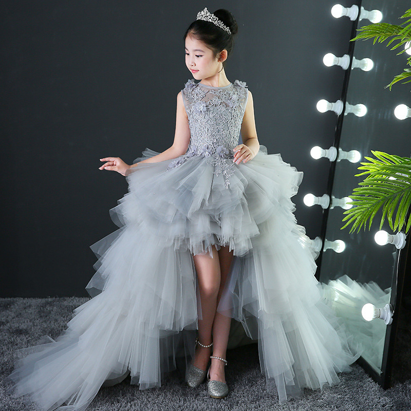Girls' Evening Dress Princess Dress Grey Model Trailing Wedding Dress Tutu Dress Children's Piano Costume Host