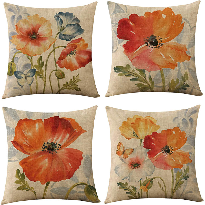 Vintage Flower Plant Pillow Case Linen Printing Living Room Sofa Bedroom Decorative Cushion Pillow Case Cross Border Amazon