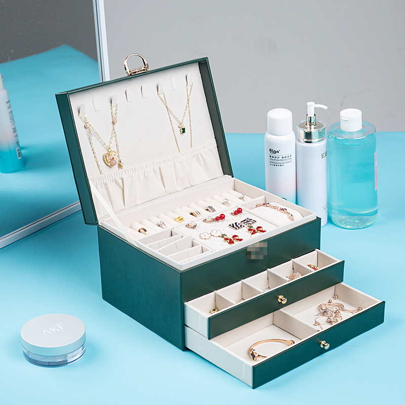 Jewelry Storage Box Large Capacity Three-Layer New Diamond Plaid Necklace Earrings with Lock High Jewelry Drawer Jewelry Box