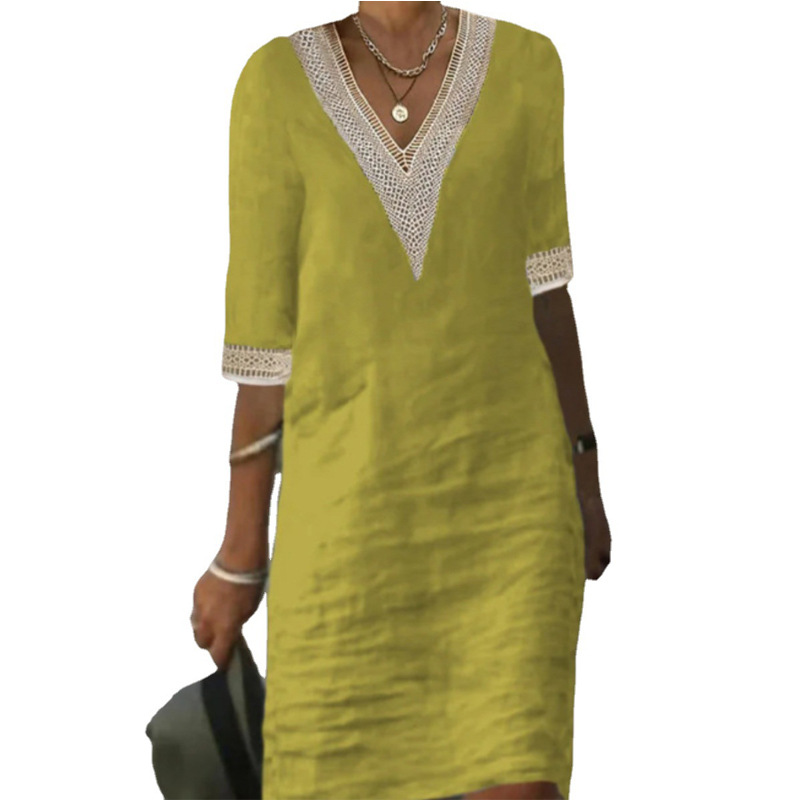 2023 European and American Amazon Independent Station Autumn New Solid Color V-neck Sleeve Cotton and Linen Elegant Elegant Dress for Women