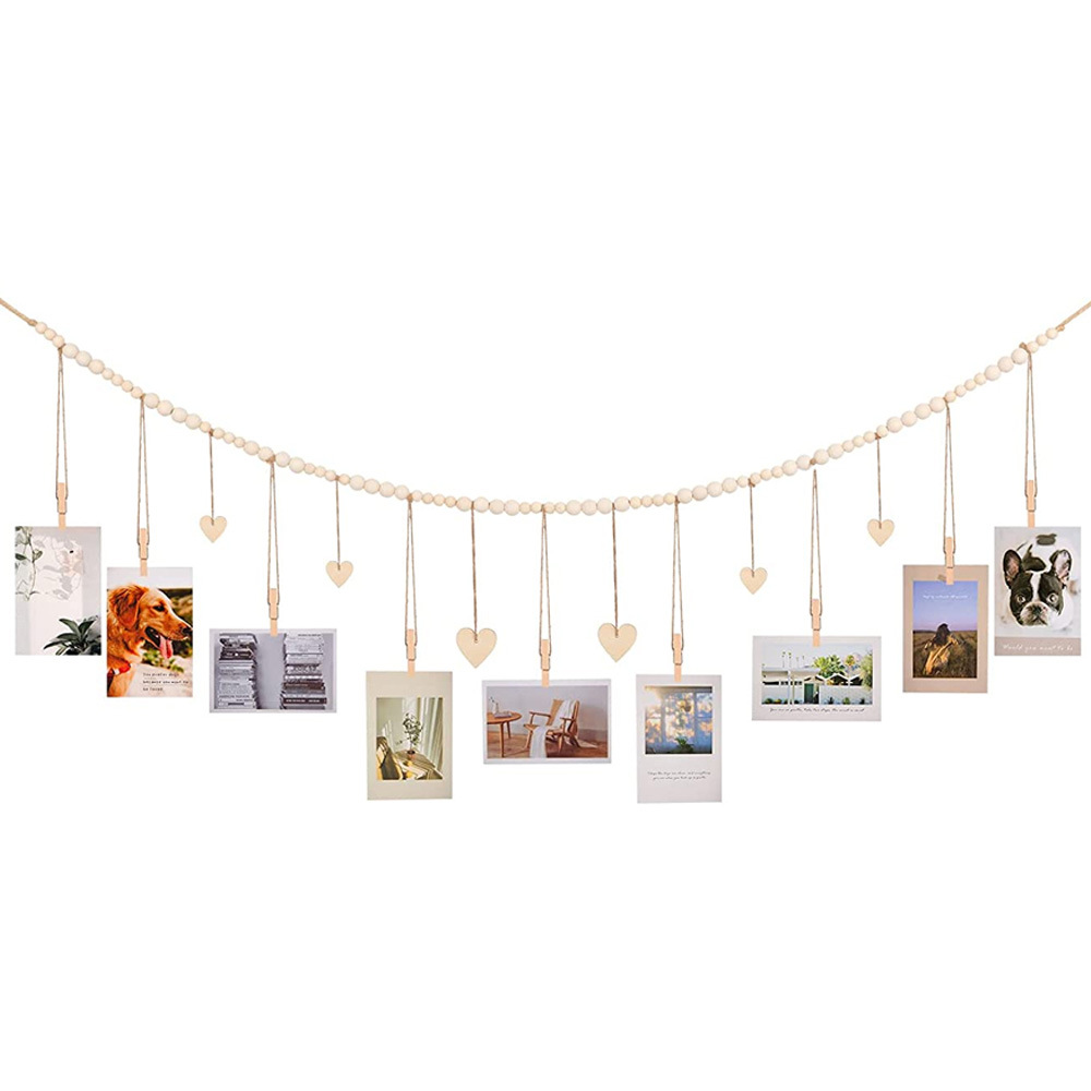 Wooden beads photo storage hanging photo display beads photo storage tassel string string hemp rope bead clip home