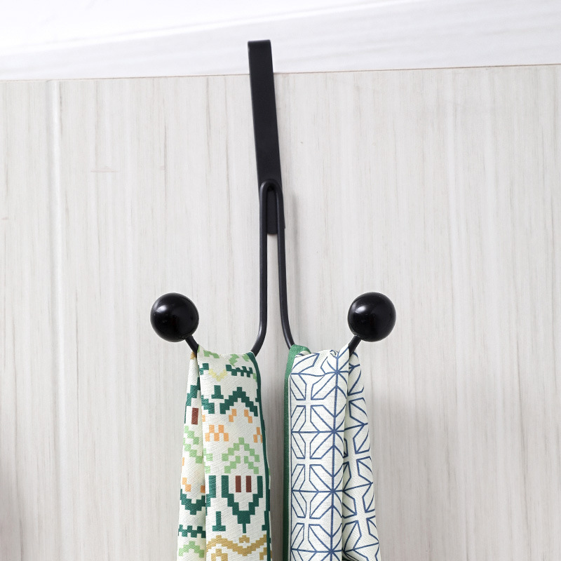 Behind the Door Black Double Bead Hook Back-Mounted Non-Punch Wall Hanger Bedroom Coat Hanging Rack Iron Finishing Rack