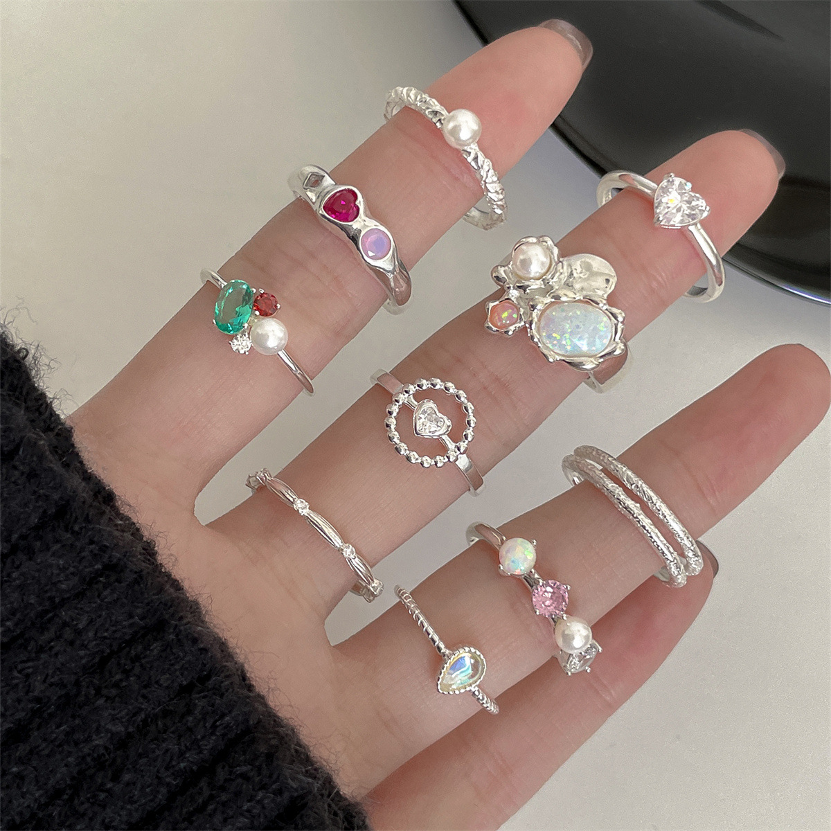 珍珠鋯石歐泊戒指組合純銀批發925潮流氣質ins風高級感開口飾品女