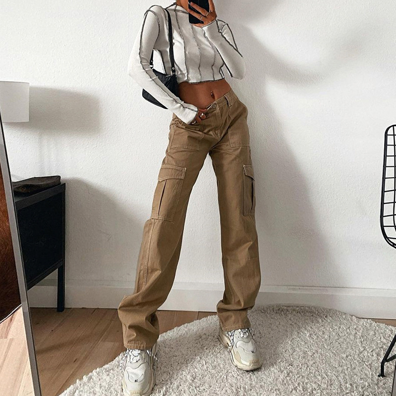European and American Women's Street Fashion Multi-Pocket Workwear Straight Pants High Waist Slimming Loose Khaki Jeans Women