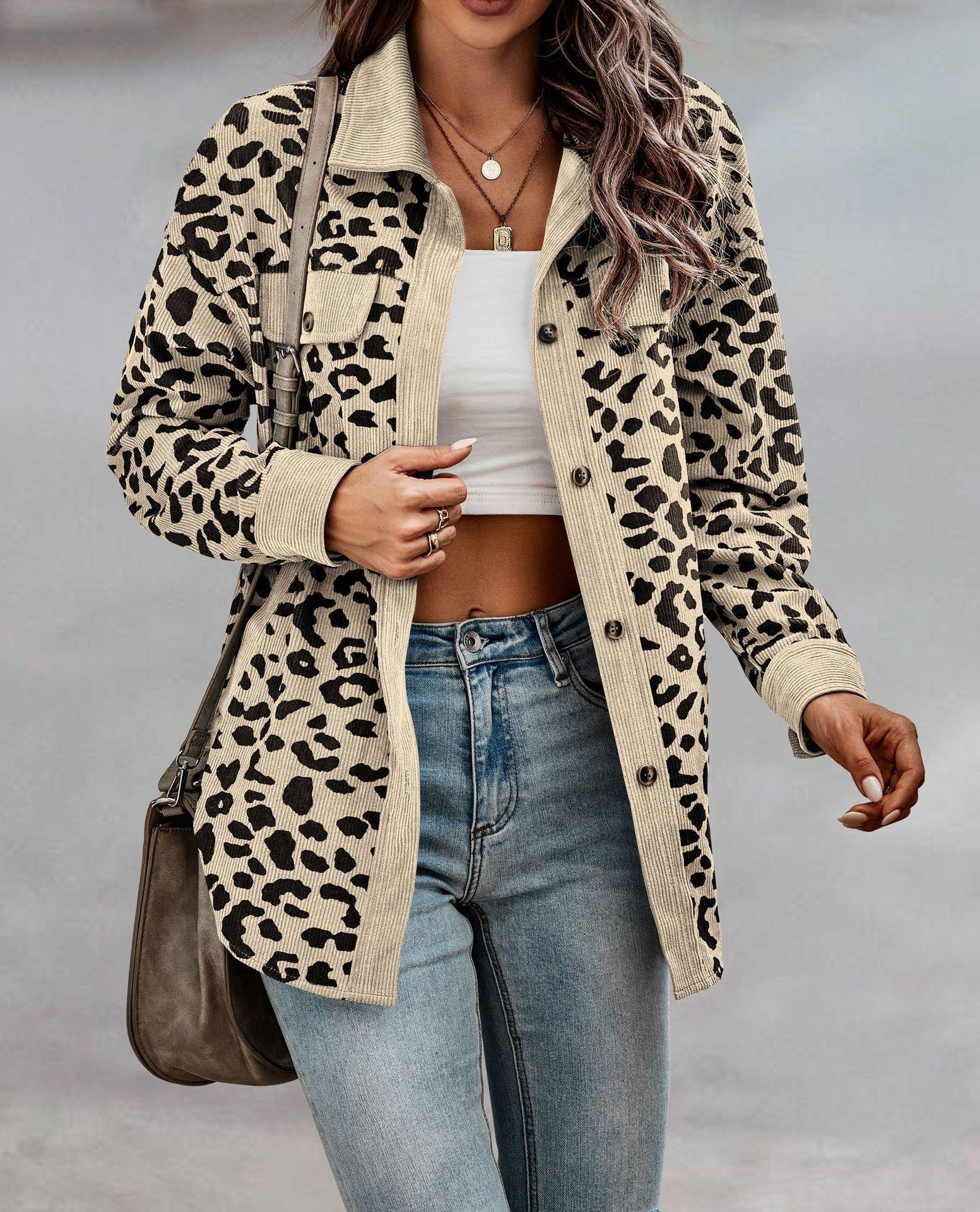 2024 Amazon European and American cross-border women's clothing autumn and winter fashion leopard print pocket button long-sleeved jacket for women