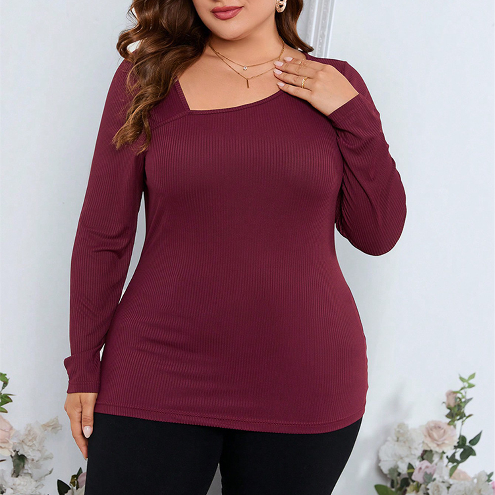 Cross-border European and American plus-size women's clothing 24 autumn and winter oblique shoulder long-sleeved knitted slim fit pullover bottoming shirt top