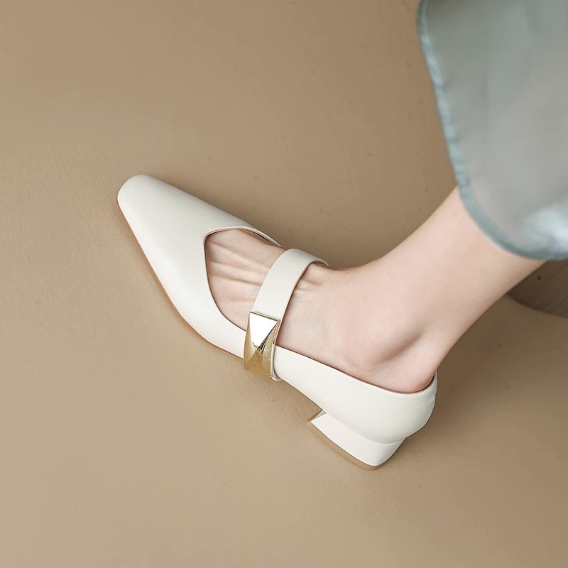 Great wear ~ leather square shoes female thick 2023 spring new versatile French French with Mary Jane women's shoes shallow