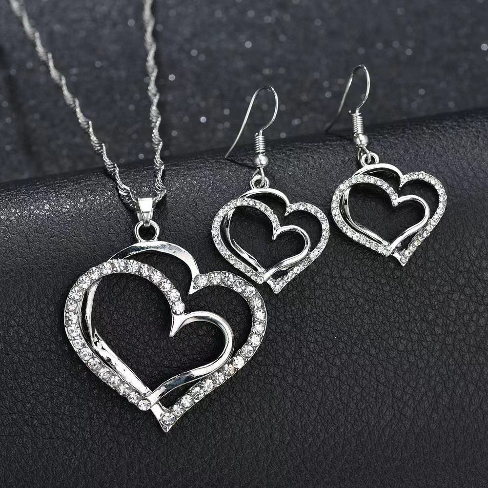 European and American popular jewelry suit wedding dinner wedding accessories double heart-shaped peach heart-shaped earrings necklace factory direct sales