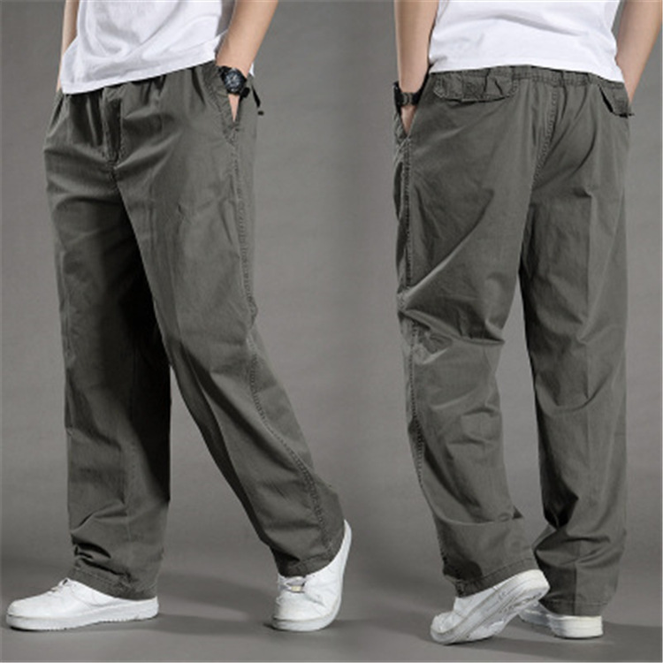 New Men's Cotton Casual Pants Large Size Overalls Thin Loose Large Size Elastic Waist Straight Leg Pants