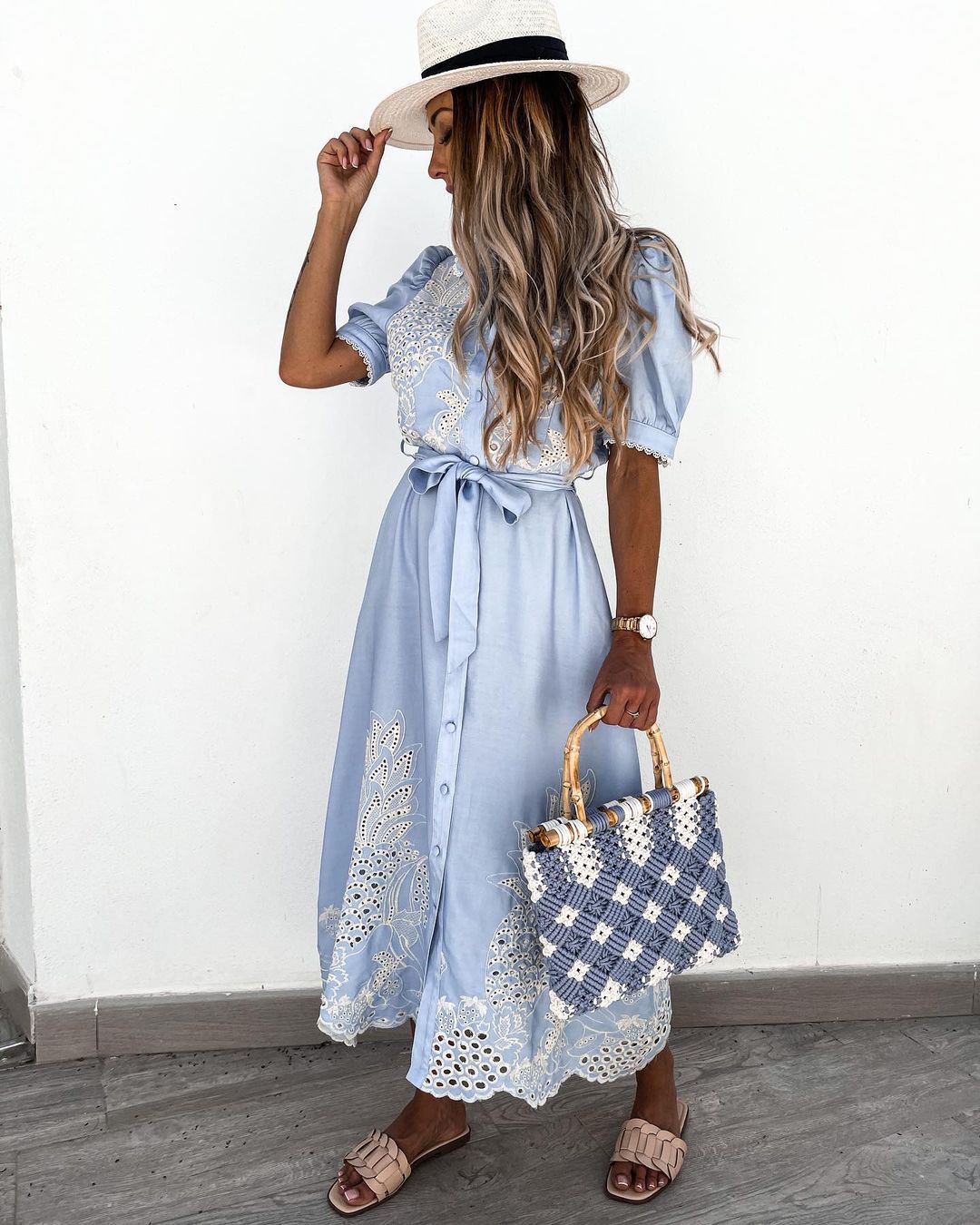 European and American Women's Amazon Summer New Hollow Short-sleeved Belted Large Waist Dress