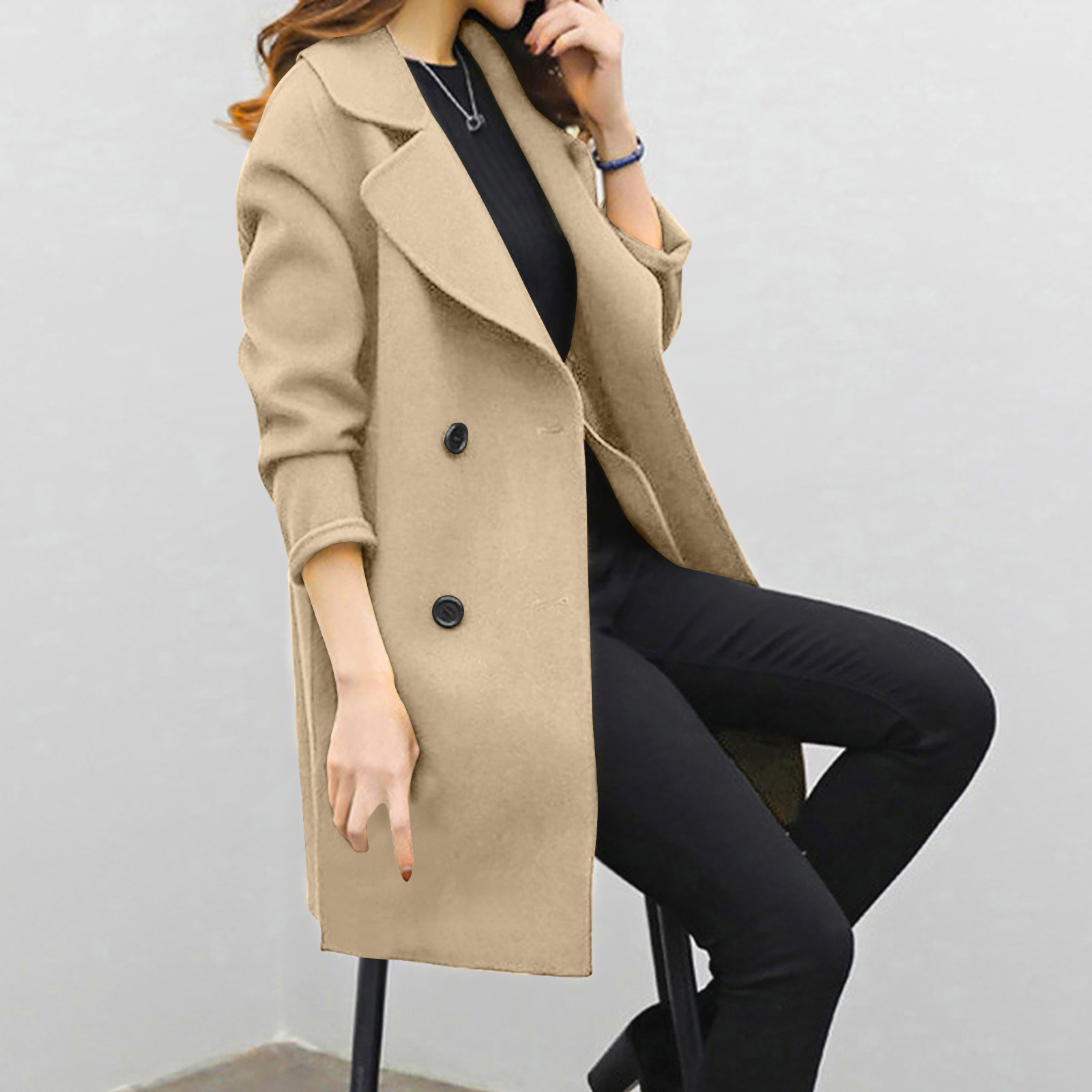 Woolen coat mid-length double-breasted long sleeve solid color woolen coat for women_voghion.com
