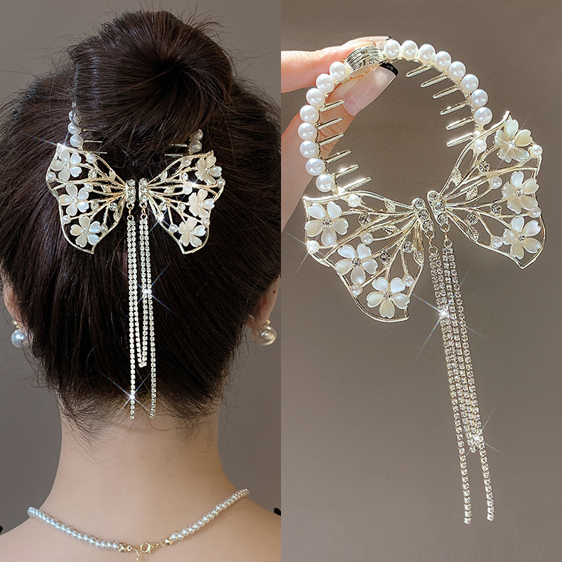 Super fairy Camellia tassel hairpin female high-grade sense back Head Ball head updo artifact temperament hair clip headdress summer_voghion.com