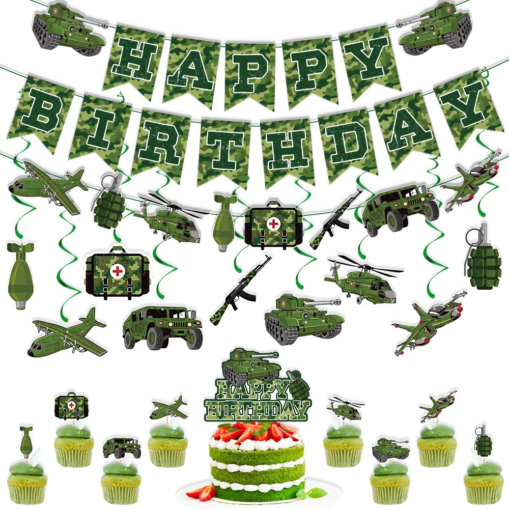 New military theme birthday party decoration birthday pull flag camouflage pull flag spiral pendant cake card insertion