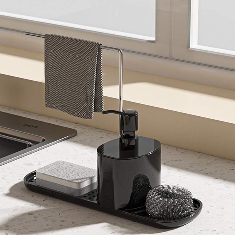 Kitchen countertop manual pressing soap box stainless steel rag rack detergent dispenser desktop finishing rack