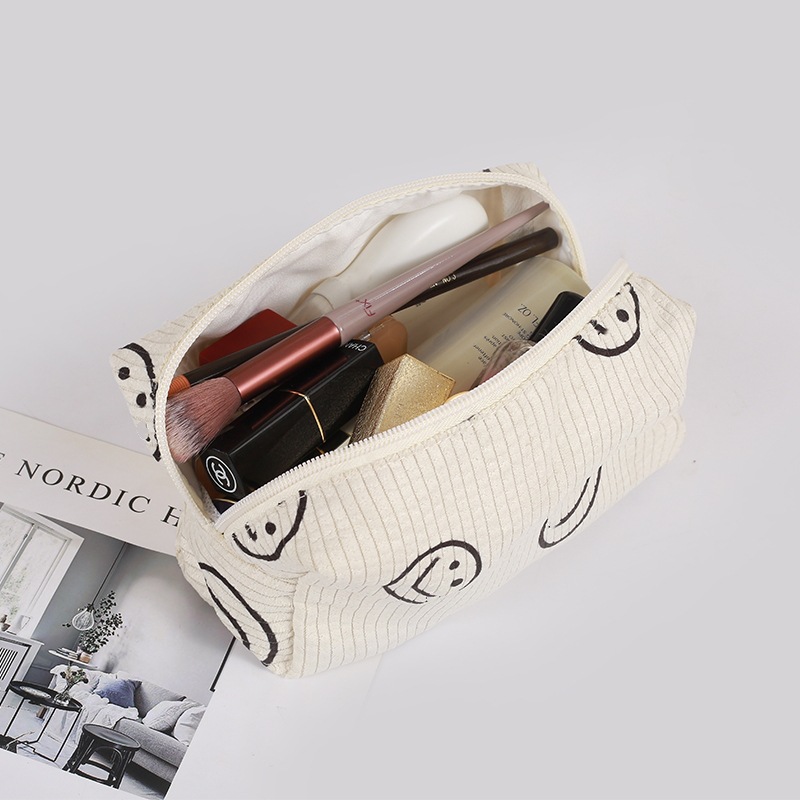 Corduroy cosmetic bag portable travel wash storage bag lightweight cross-border smiley face cosmetic storage bag