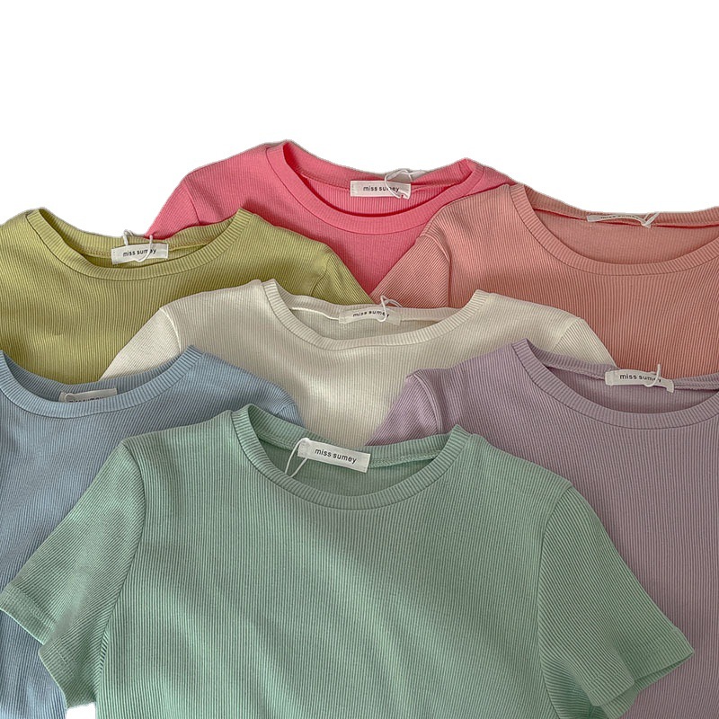 Solid Color Short Sleeve T-Shirt Women's 2023 New Shoulder Slim Unique Short Top Clothes This Year's Popular Matching