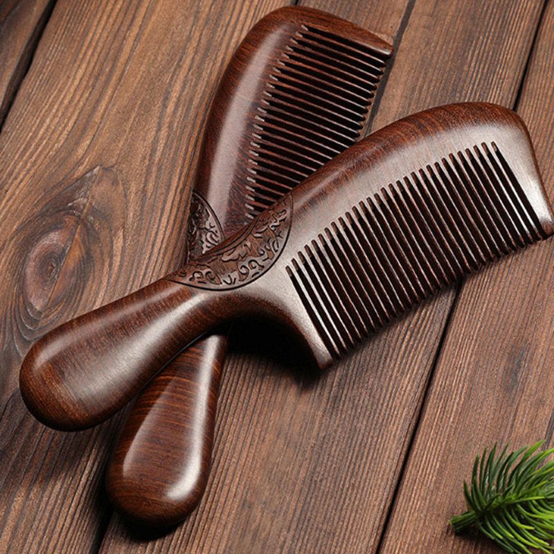 Golden silk sandalwood sunflower long handle round handle wooden comb exquisite red sandalwood green sandalwood massage comb fluffy double carved flower massage