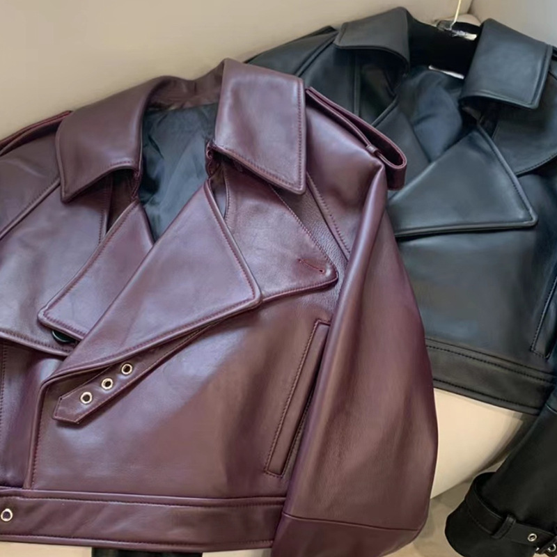 2023 Autumn and Winter Show Poplar Forest Classic Wine Red Ultra Short Shoulder Leather Jacket Short Coat for Women