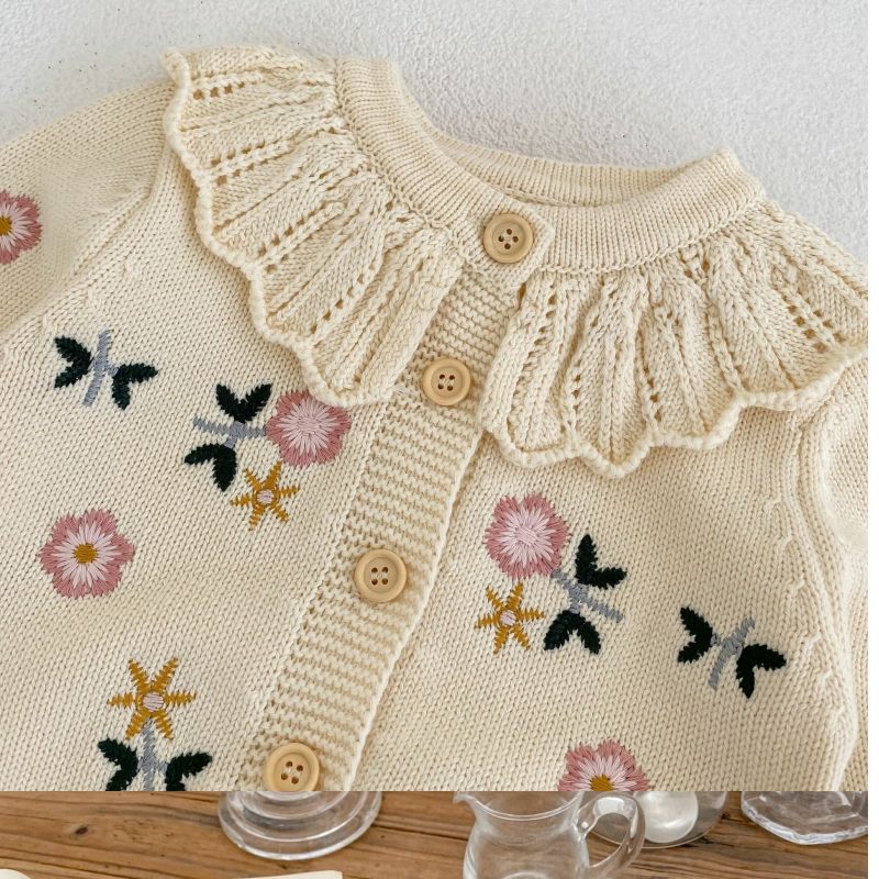 2023 spring all-match baby girls' flower embroidered lotus collar knitted long-sleeved cardigan coat children's clothing