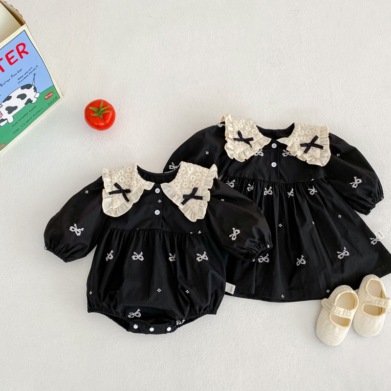 2023 Korean-style Baby Jumpsuit Spring and Autumn New Long-sleeved Triangle Hats Bow Collar Baby Girl Black Climbing Suit