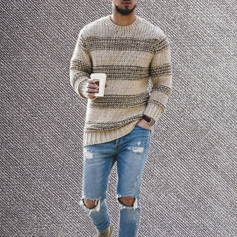 2024 New Cross-border Ebay Amazon Sweater Men's Autumn and Winter Fashion Round Neck Knitted Top Striped Casual Sweater