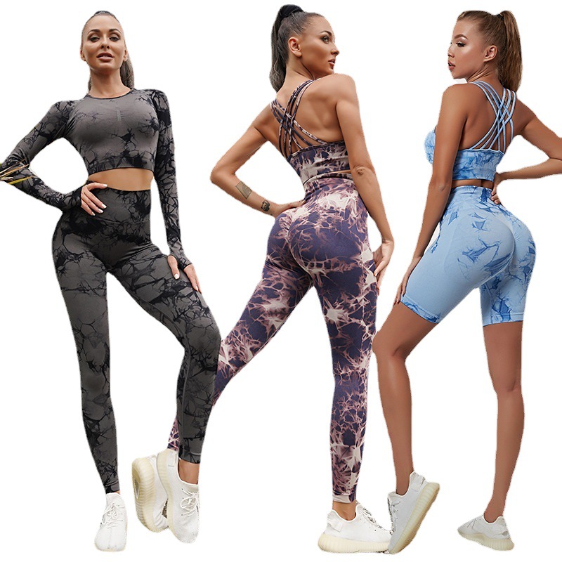 New Tie-dye Yoga Fitness Suit Sports Beauty Back Bra Fitness High Waist Elastic Tight Yoga Trousers Wholesale