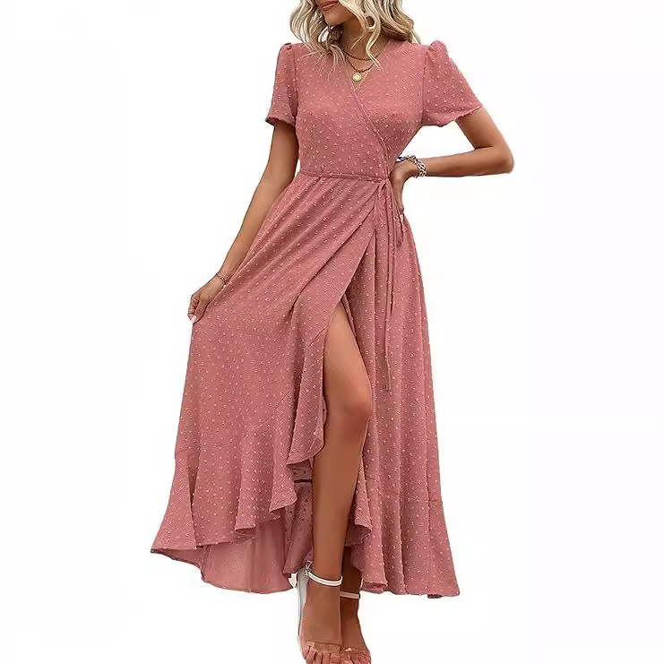 Women's summer wrap casual bohemian floral V-neck short sleeve pleated hem split Beach maxi dress