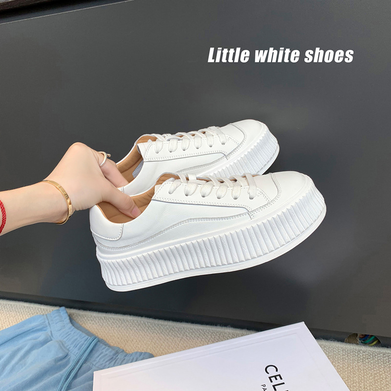 Genuine Leather White Shoes New Shoes Women's All-match Summer Student Height-increasing Small Casual Board Shoes Platform-soled Biscuit Shoes