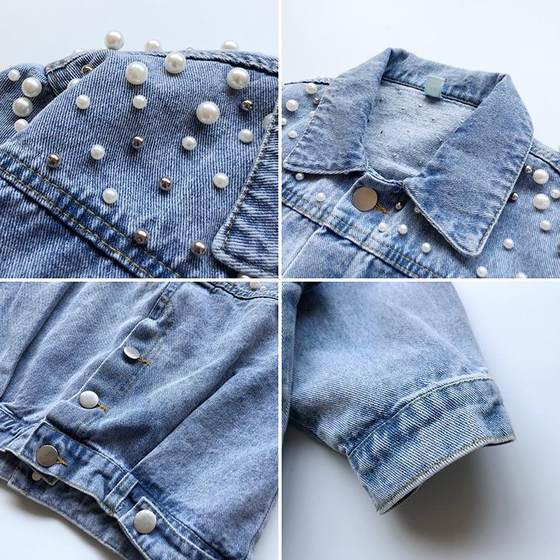 Children's Clothing 2023 Spring and Autumn New Children's Loose Long-sleeved Outerwear Girls Sweet Pearl Lapel Denim Coat