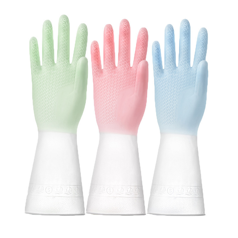 Transparent white two-color gloves dishwashing gloves women's kitchen rubber latex laundry waterproof plastic rubber household brush Bowl