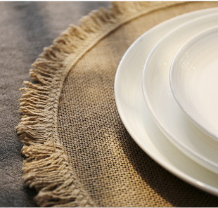 Cross-border Wholesale Round Simple Wind Natural Color Evening Mat Table Mat Coaster Japanese Style Green Tassel Jute Placemat
