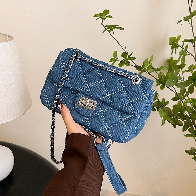 2023 Korean Style New Women's Bag Popular Fashion Simple Denim Shoulder Bag Classic Embroidery Rhomboid Chain Crossbody Bag