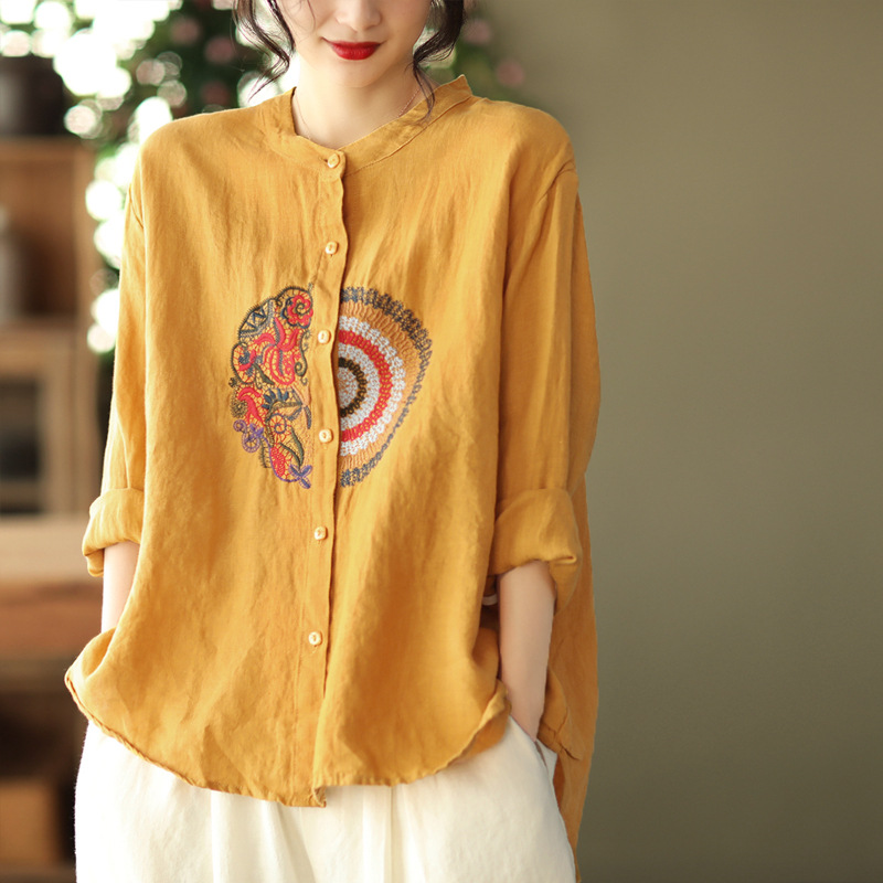 Casual Large Size Artistic Cotton and Linen Long-sleeved Shirt Women's 2023 Spring and Autumn New Loose Slim Embroidered Top Base