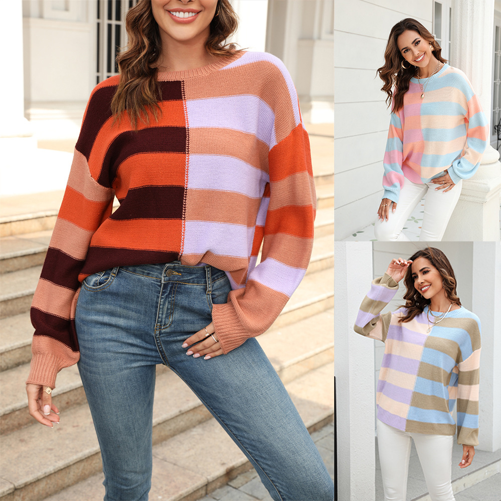 Autumn 2024 New European and American Foreign Trade Amazon Women's Stitching Stripe Color Contrasting Crewneck Knitwear Pullover Sweater