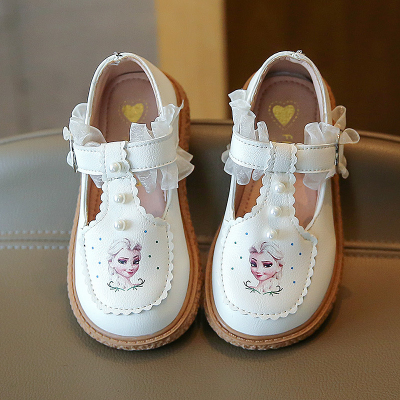 2024 Spring and Autumn New girls' lace leather shoes student soft bottom princess shoes non-slip peas shoes baby toddler shoes