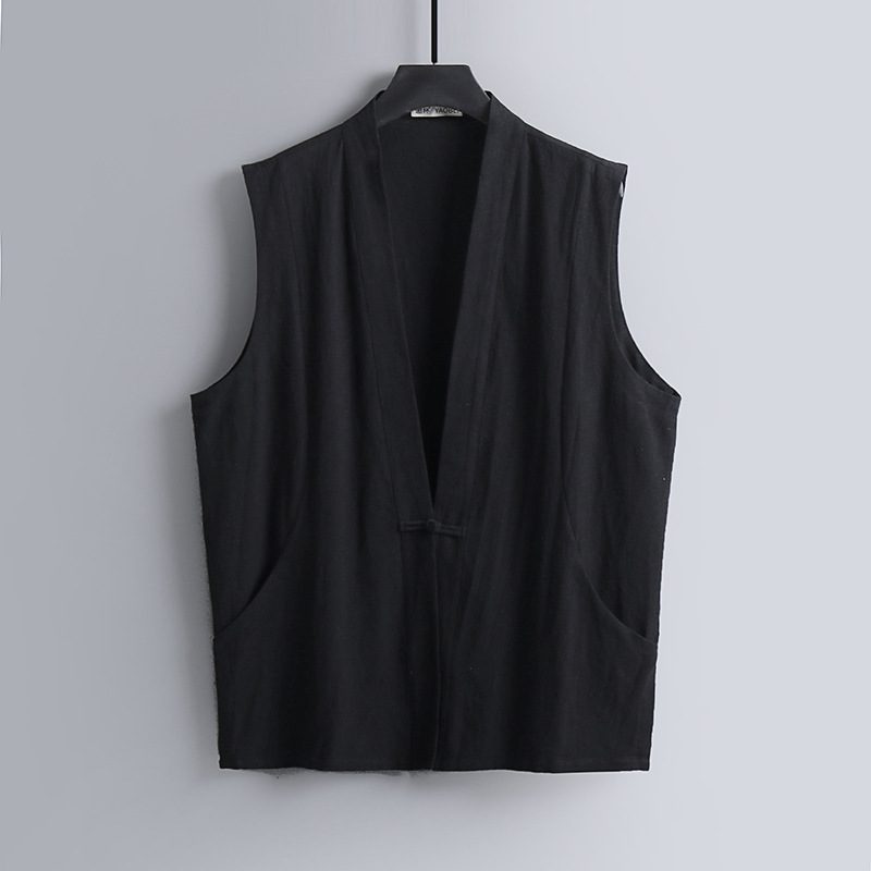 Summer Thin Linen Sleeveless Vest Men's Chinese Style Cotton and Linen Buckle Vest Vintage Chinese Style Tang Coat Loose Waistcoat