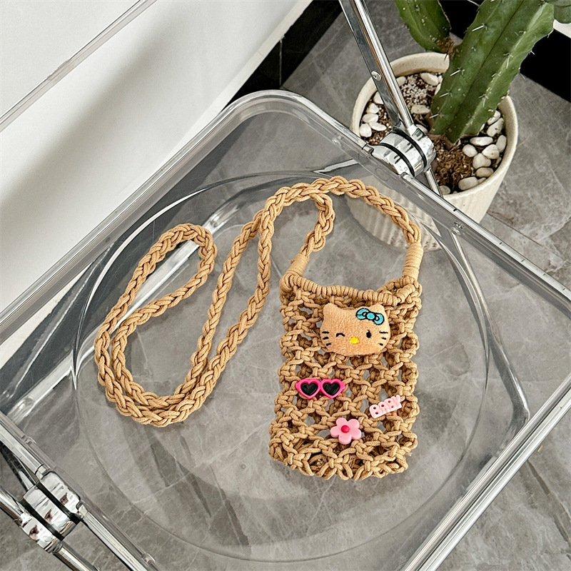 New Original homemade Hawaiian black leather Hello Kitty hand-woven mobile phone bag summer vacation walking messenger bag