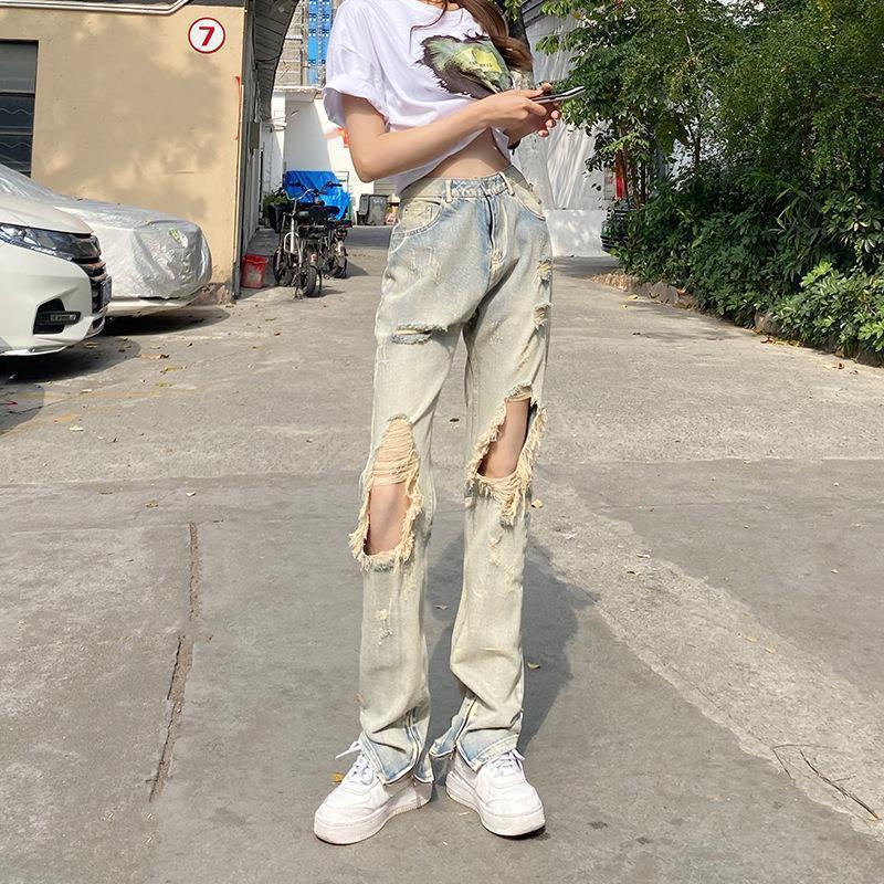 Vintage Spice Girl Distressed Ripped Jeans Women's Summer New American Style Design Sense High Street Distinctive Straight Pants