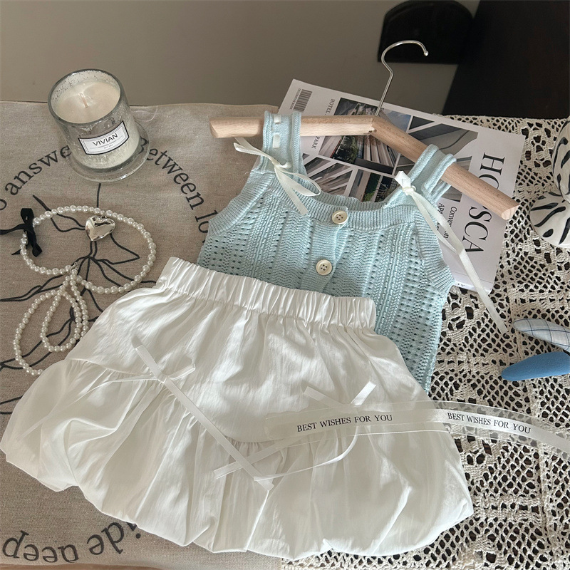 Korean Style Children's Wear 2025 New Summer Girl's Hollow Knitted Vest Sling Children's Styline Floral Cotton Dress Two-piece Set
