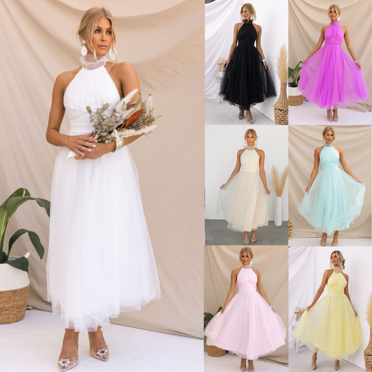 Cross-border 2024 European and American Spring and Summer New Hanging Neck Mesh High Collar Dress INS Casual Vacation Multicolor Dress