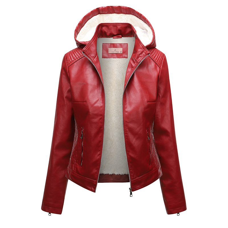6XL Cross-border Hooded Fleece-lined Leather Jacket Women's Wear Removable Large Size Leather Jacket Women's Spring and Autumn Coat Women's PU Washable Leather