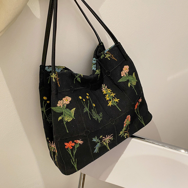 Large-capacity embroidered tote bag for women 2024 spring and summer new niche canvas embroidered shoulder bag commuter bucket bag